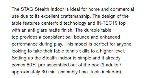 KETTLER STEALTH INDOOR PING PONG TABLE